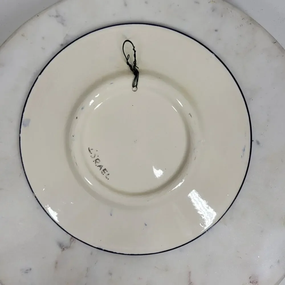 Vtg Hand Painted Israel Ceramic Wall Plate 8.5” Grapes Floral Botanical Blue Rim